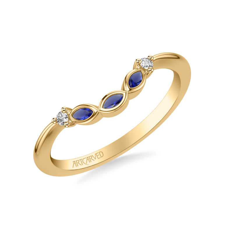 Artcarved Bridal Mounted with Side Stones Contemporary Gemstone Wedding Band 18K Yellow Gold & Blue Sapphire