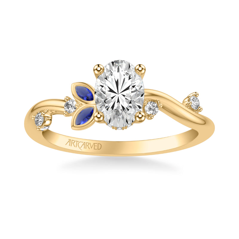 Artcarved Bridal Semi-Mounted with Side Stones Contemporary Engagement Ring 14K Yellow Gold & Blue Sapphire