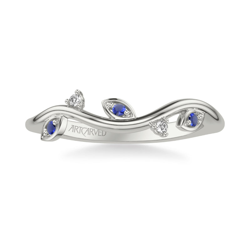 Artcarved Bridal Mounted with Side Stones Contemporary Wedding Band 18K White Gold & Blue Sapphire