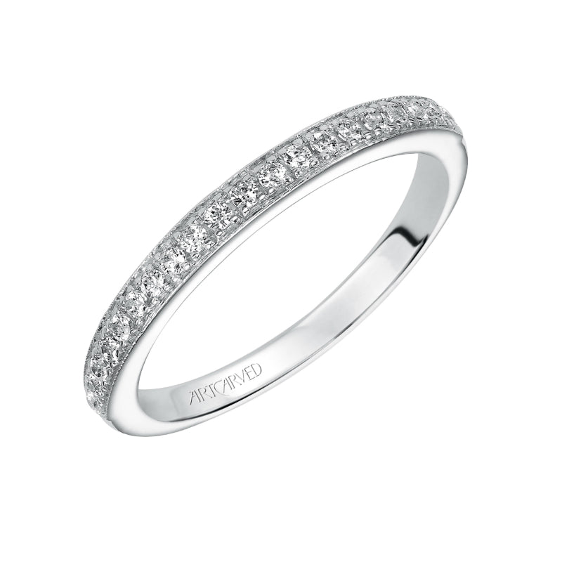 Artcarved Bridal Mounted with Side Stones Vintage Milgrain Diamond Wedding Band Amelia 14K White Gold