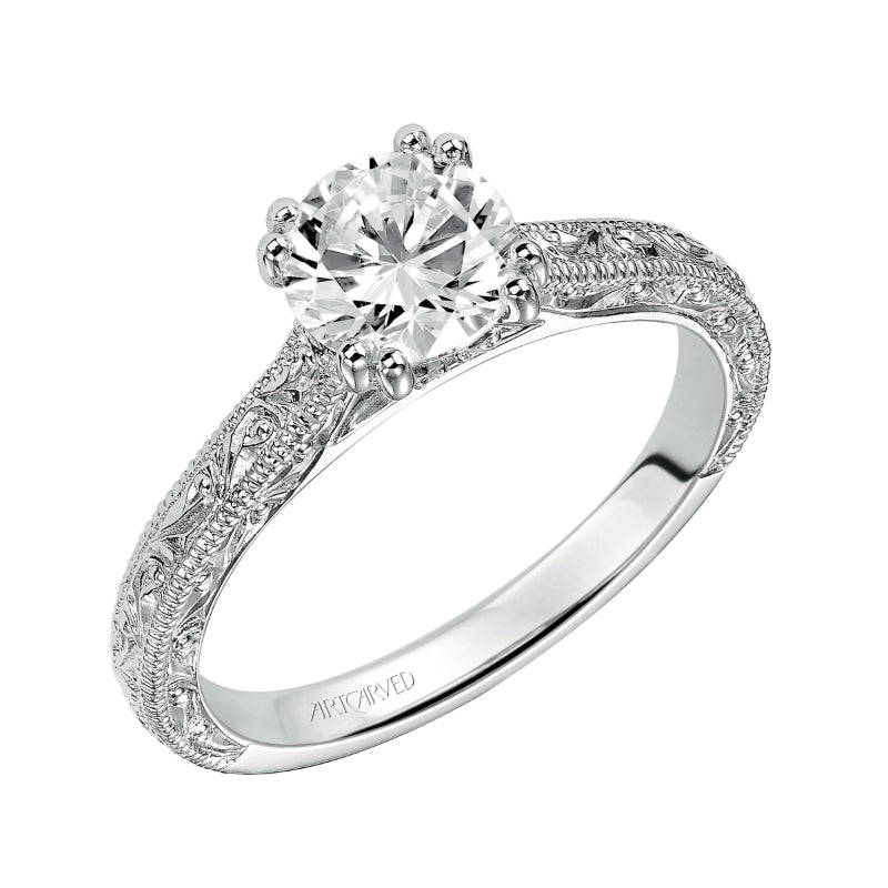 Artcarved Bridal Mounted with CZ Center Vintage Engraved Solitaire Engagement Ring Bernadette 14K White Gold