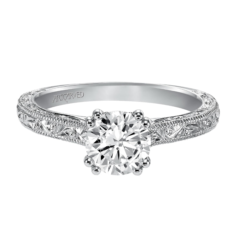 Artcarved Bridal Semi-Mounted with Side Stones Vintage Engraved Solitaire Engagement Ring Bernadette 14K White Gold