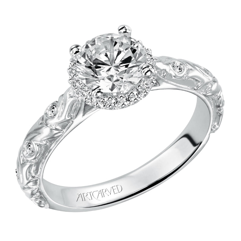 Artcarved Bridal Mounted with CZ Center Vintage Engraved Halo Engagement Ring Catrina 14K White Gold