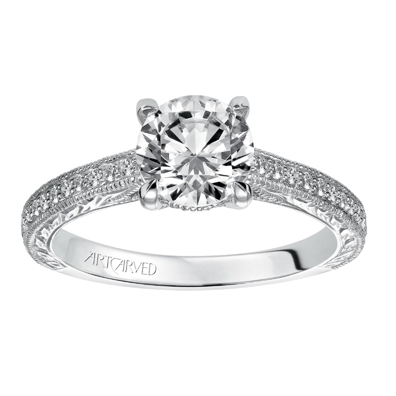 Artcarved Bridal Semi-Mounted with Side Stones Vintage Engraved Diamond Engagement Ring Antonia 14K White Gold