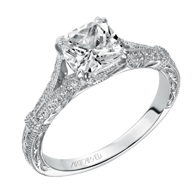 Artcarved Bridal Mounted with CZ Center Vintage Engraved Diamond Engagement Ring Angelina 14K White Gold