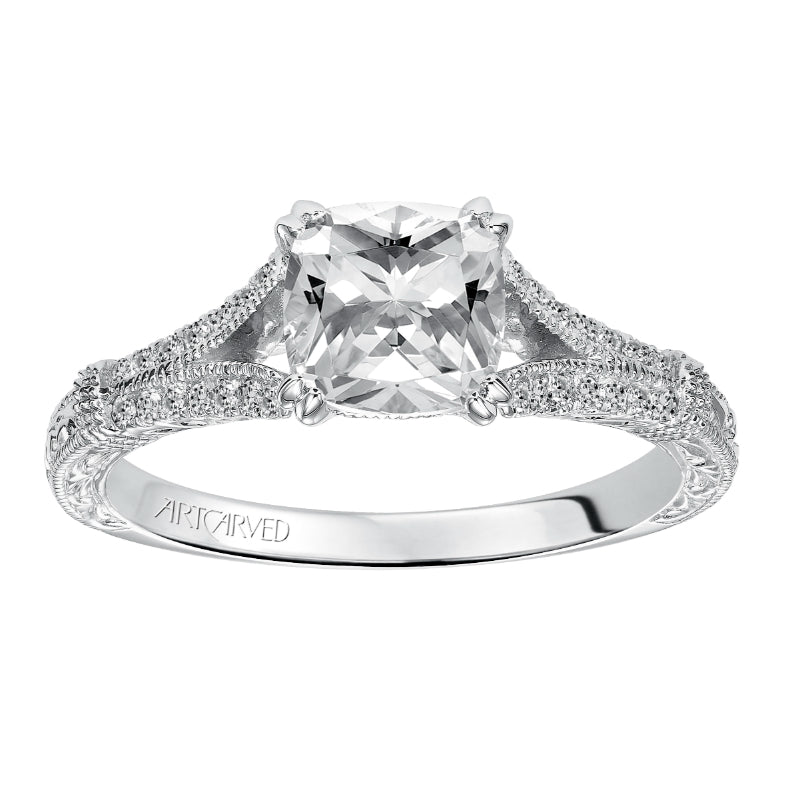 Artcarved Bridal Mounted with CZ Center Vintage Engraved Diamond Engagement Ring Angelina 14K White Gold