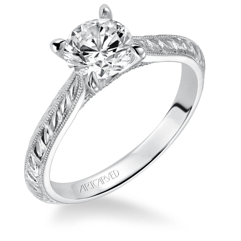 Artcarved Bridal Mounted with CZ Center Vintage Engraved Solitaire Engagement Ring Cherry 14K White Gold