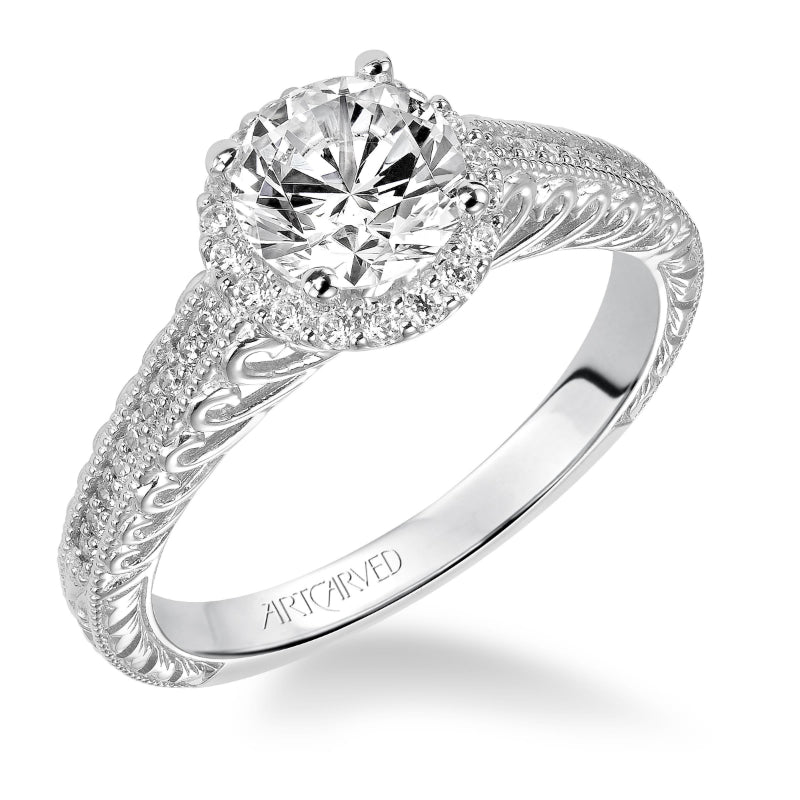 Artcarved Bridal Mounted with CZ Center Vintage Filigree Halo Engagement Ring Roseanne 14K White Gold