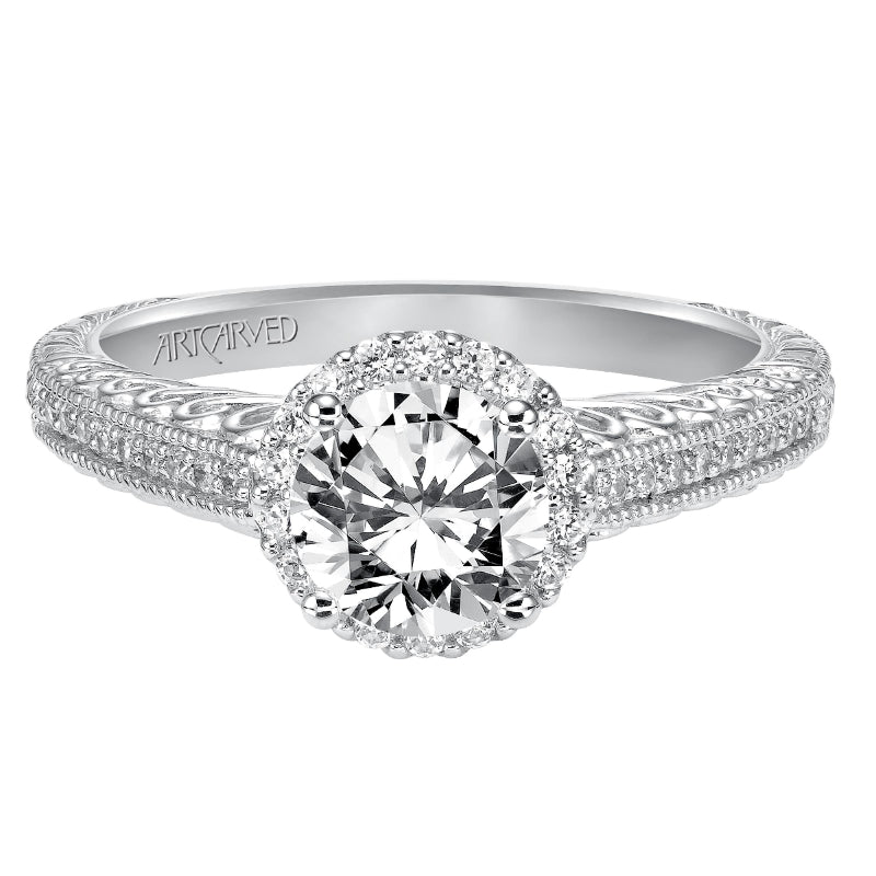 Artcarved Bridal Semi-Mounted with Side Stones Vintage Filigree Halo Engagement Ring Roseanne 14K White Gold