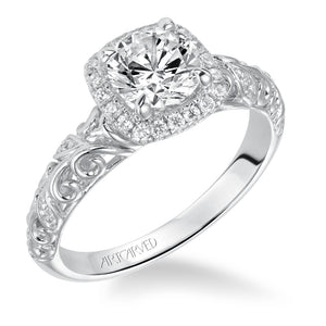 Artcarved Bridal Semi-Mounted with Side Stones Vintage Filigree Halo Engagement Ring Piper 14K White Gold