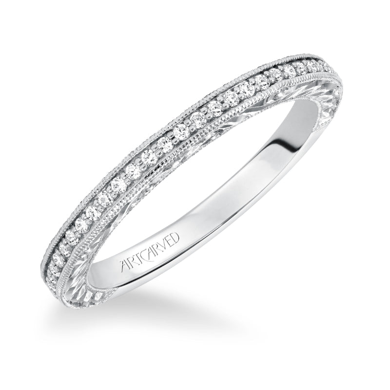 Artcarved Bridal Mounted with Side Stones Vintage Engraved 3-Stone Diamond Wedding Band Ophelia 14K White Gold