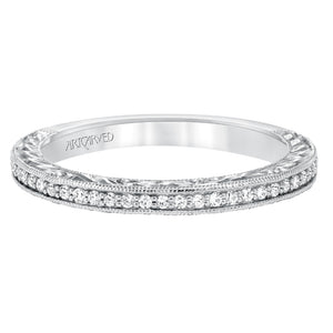 Artcarved Bridal Mounted with Side Stones Vintage Engraved 3-Stone Diamond Wedding Band Ophelia 14K White Gold