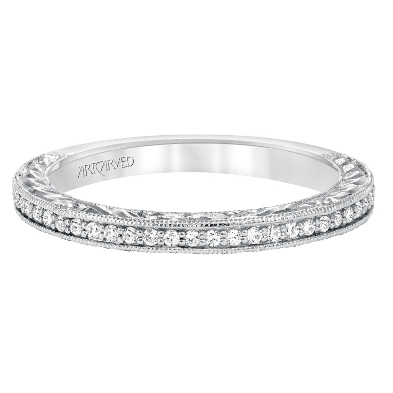 Artcarved Bridal Mounted with Side Stones Vintage Engraved 3-Stone Diamond Wedding Band Ophelia 14K White Gold