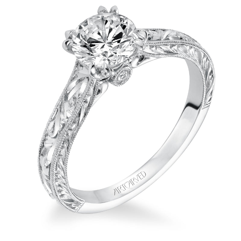 Artcarved Bridal Semi-Mounted with Side Stones Vintage Engraved Solitaire Engagement Ring Philomena 14K White Gold