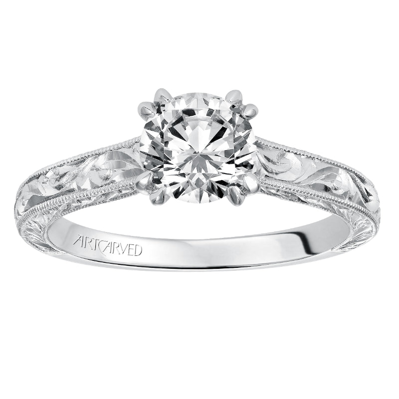 Artcarved Bridal Mounted with CZ Center Vintage Engraved Solitaire Engagement Ring Philomena 14K White Gold