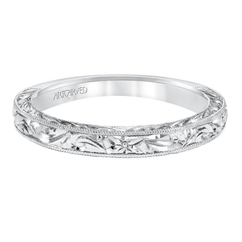 Artcarved Bridal Band No Stones Vintage Engraved Solitaire Wedding Band Philomena 14K White Gold