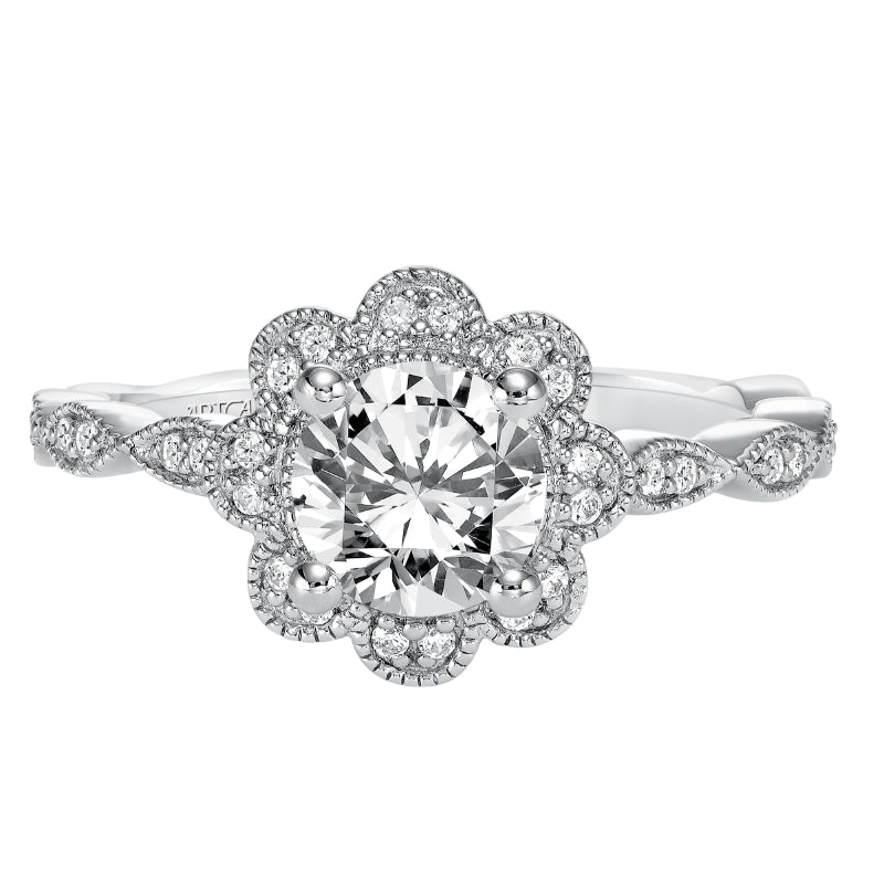 Artcarved Bridal Mounted with CZ Center Vintage Floral Halo Engagement Ring Sabina 14K White Gold