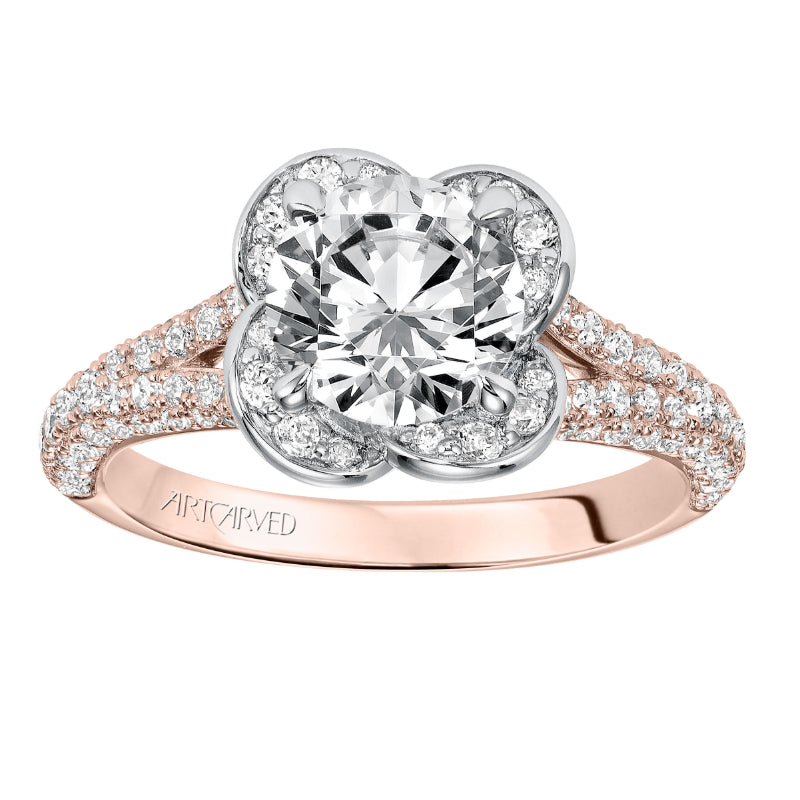 Artcarved Bridal Semi-Mounted with Side Stones Contemporary Floral Halo Engagement Ring Katalina 14K Rose Gold Primary & White Gold