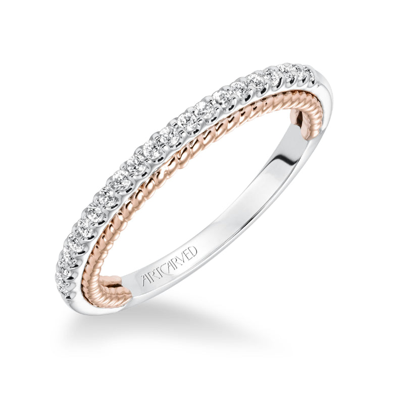 Artcarved Bridal Mounted with Side Stones Contemporary Rope Diamond Wedding Band Ilena 14K White Gold Primary & 14K Rose Gold