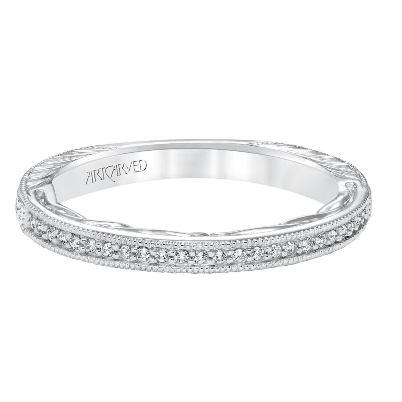 Artcarved Bridal Mounted with Side Stones Vintage Filigree Diamond Wedding Band Lavinia 14K White Gold