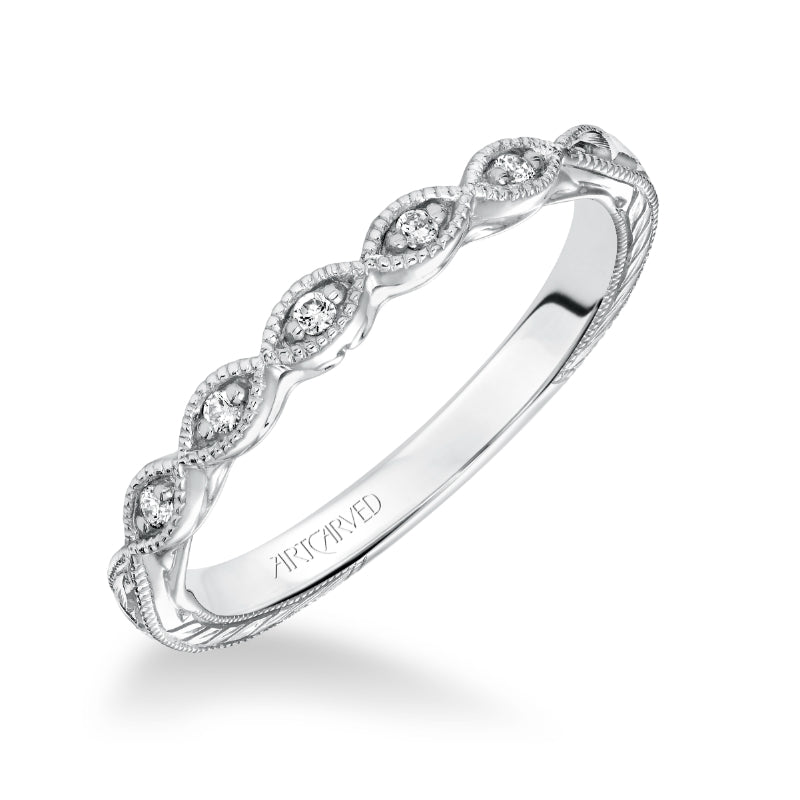 Artcarved Bridal Mounted with Side Stones Vintage Filigree Diamond Wedding Band Coraline 14K White Gold