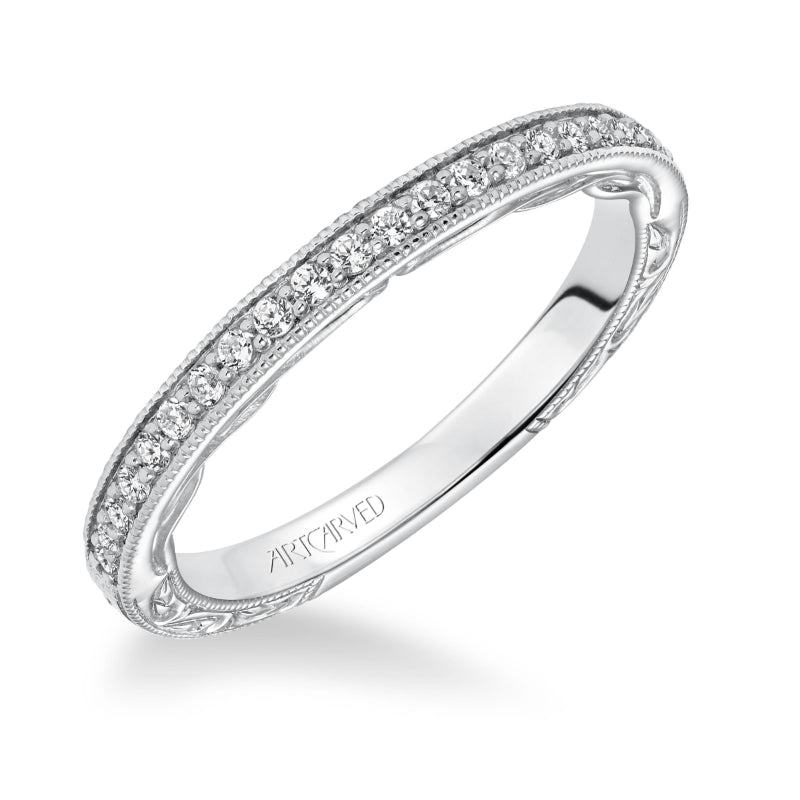 Artcarved Bridal Mounted with Side Stones Vintage Filigree Diamond Wedding Band Geneva 14K White Gold