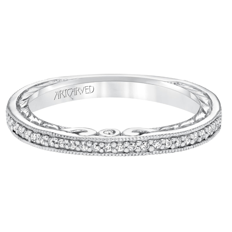 Artcarved Bridal Mounted with Side Stones Vintage Engraved Halo Diamond Wedding Band Lorraine 14K White Gold