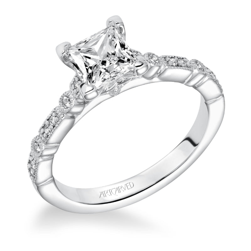 Artcarved Bridal Mounted with CZ Center Vintage Milgrain Diamond Engagement Ring Marguerite 14K White Gold