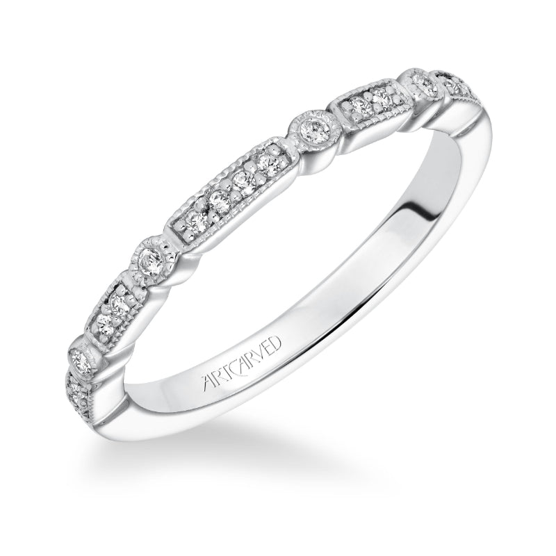 Artcarved Bridal Mounted with Side Stones Vintage Milgrain Diamond Wedding Band Marguerite 14K White Gold