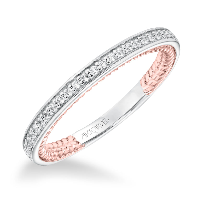 Artcarved Bridal Mounted with Side Stones Contemporary Rope Halo Diamond Wedding Band Winnie 14K White Gold Primary & 14K Rose Gold