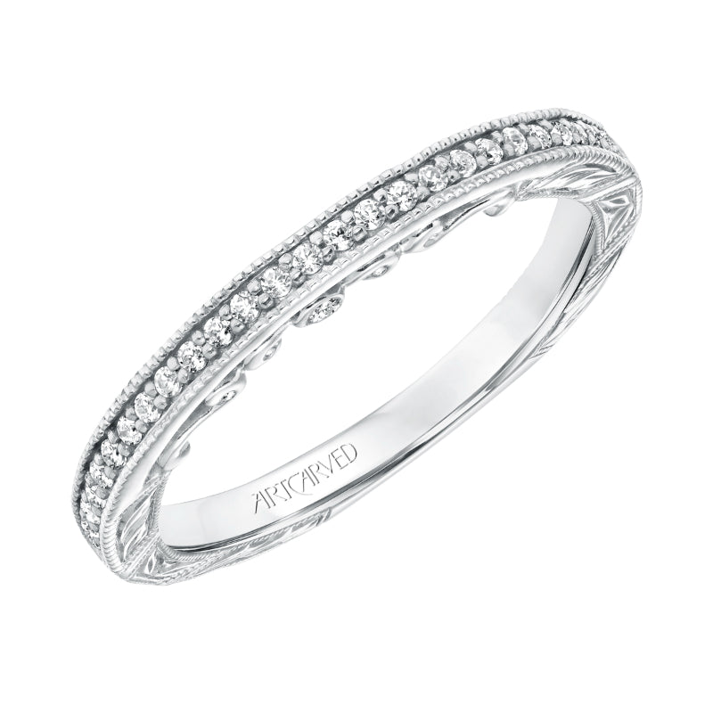 Artcarved Bridal Mounted with Side Stones Vintage Filigree Halo Diamond Wedding Band Elspeth 14K White Gold