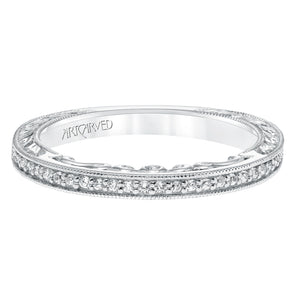 Artcarved Bridal Mounted with Side Stones Vintage Filigree Halo Diamond Wedding Band Perla 14K White Gold