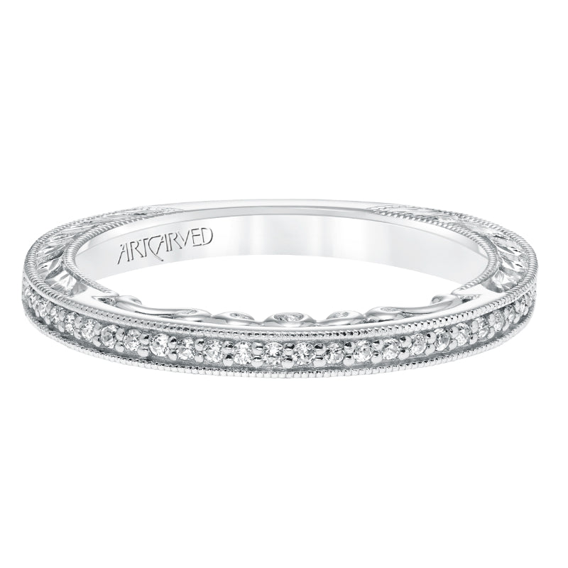 Artcarved Bridal Mounted with Side Stones Vintage Filigree Halo Diamond Wedding Band Perla 14K White Gold