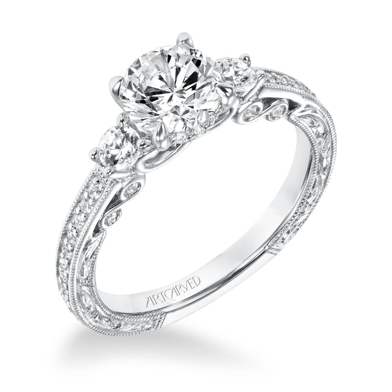 Artcarved Bridal Semi-Mounted with Side Stones Vintage Filigree 3-Stone Engagement Ring Rowan 14K White Gold