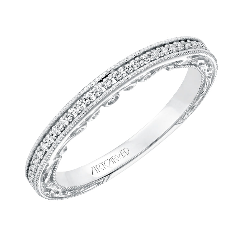 Artcarved Bridal Mounted with Side Stones Vintage Filigree Diamond Wedding Band Hattie 14K White Gold