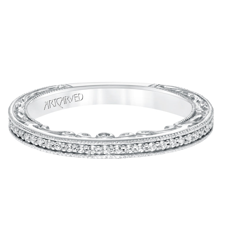 Artcarved Bridal Mounted with Side Stones Vintage Filigree Diamond Wedding Band Hattie 14K White Gold