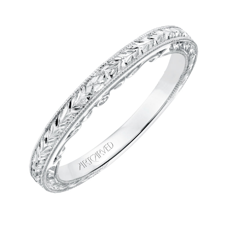 Artcarved Bridal Mounted with Side Stones Vintage Filigree 3-Stone Diamond Wedding Band Iva 14K White Gold