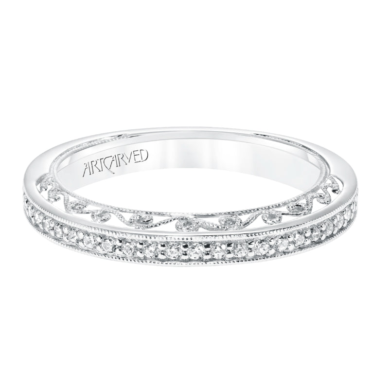 Artcarved Bridal Mounted with Side Stones Vintage Filigree Diamond Wedding Band Savannah 14K White Gold