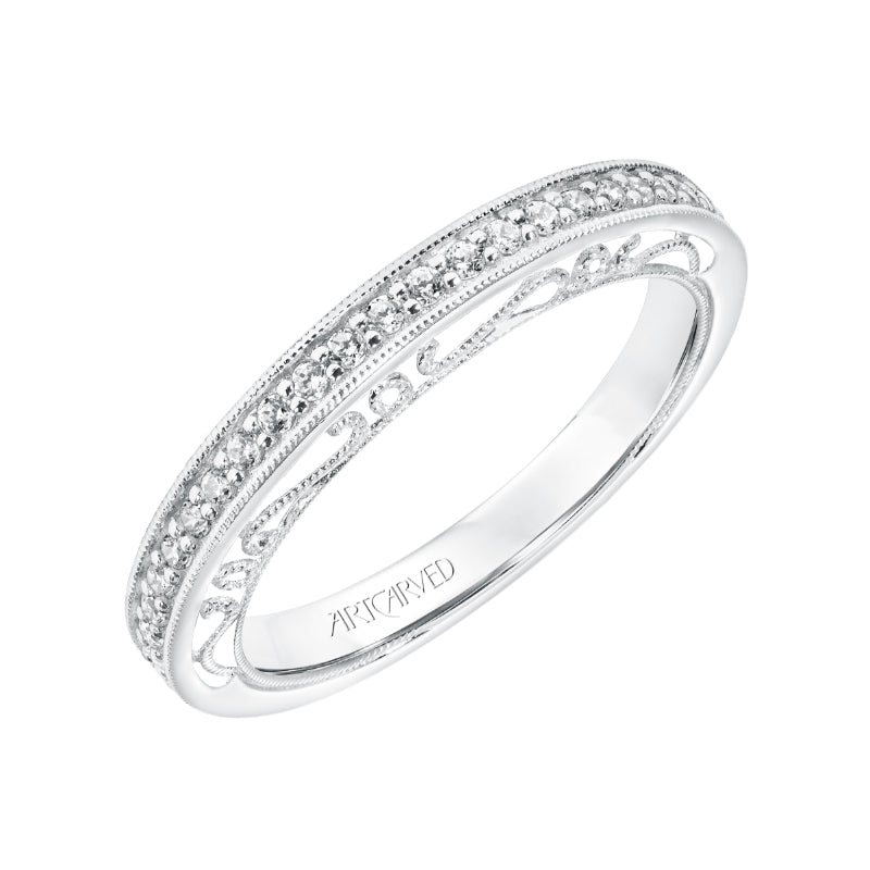 Artcarved Bridal Mounted with Side Stones Vintage Heritage Diamond Wedding Band Velma 14K White Gold