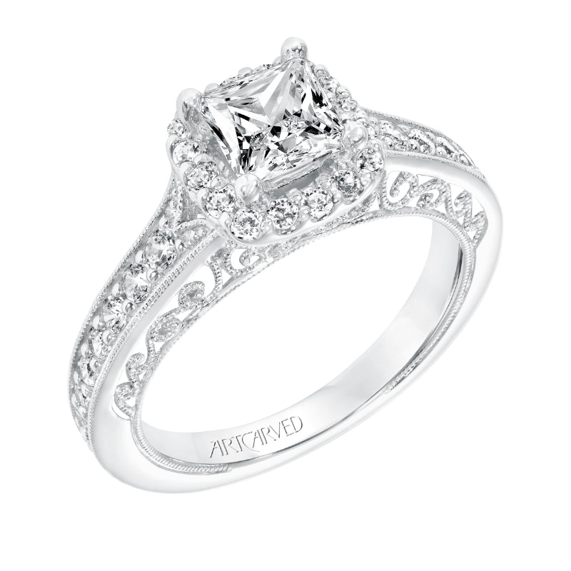 Artcarved Bridal Mounted with CZ Center Vintage Filigree Halo Engagement Ring Octavia 14K White Gold