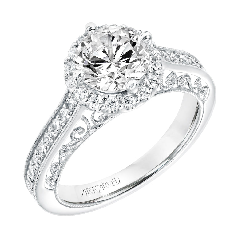 Artcarved Bridal Semi-Mounted with Side Stones Vintage Filigree Halo Engagement Ring Eris 14K White Gold