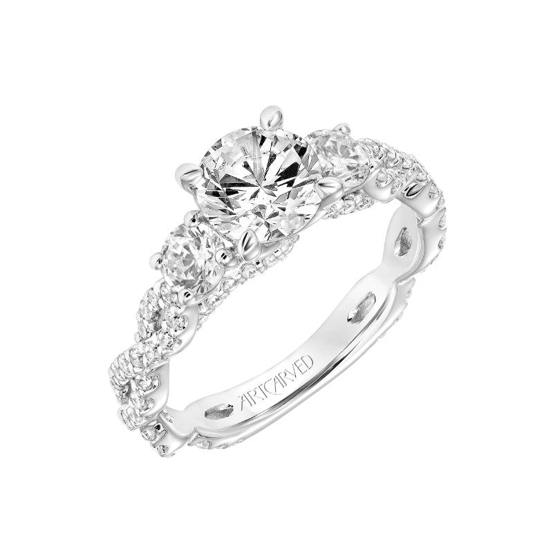 Artcarved Bridal Mounted with CZ Center Contemporary Floral 3-Stone Engagement Ring Hyacinth 18K White Gold