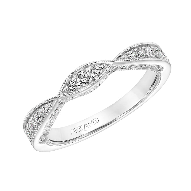 Artcarved Bridal Mounted with Side Stones Vintage Filigree Diamond Wedding Band Cornelia 18K White Gold