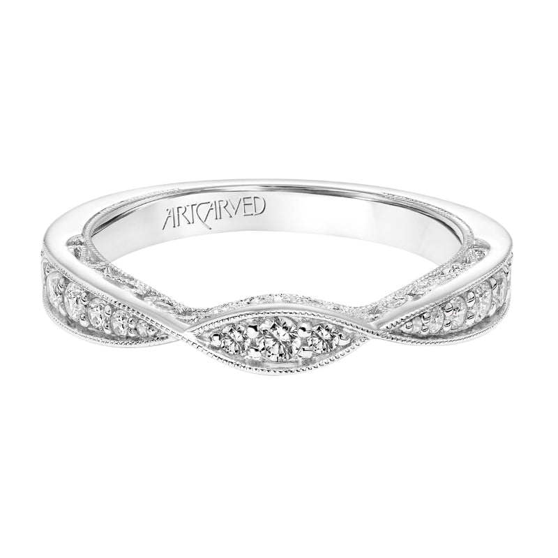 Artcarved Bridal Mounted with Side Stones Vintage Filigree Diamond Wedding Band Cornelia 18K White Gold