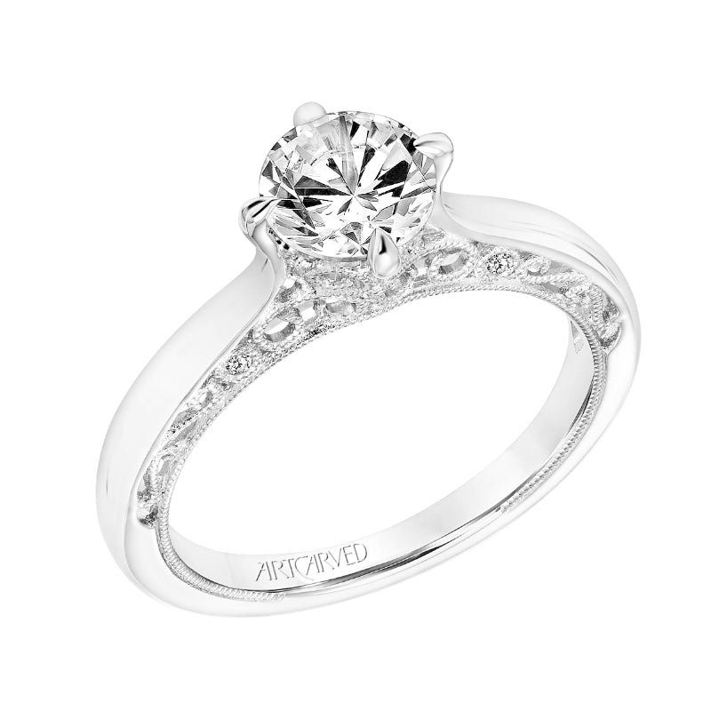 Artcarved Bridal Mounted with CZ Center Vintage Filigree Solitaire Engagement Ring Elsie 18K White Gold