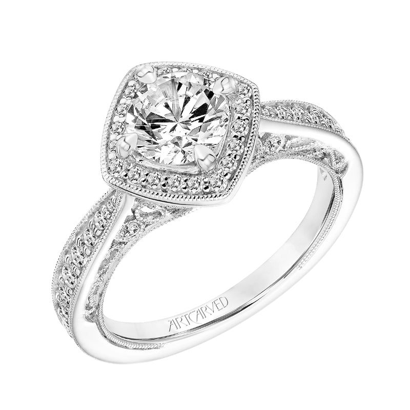 Artcarved Bridal Mounted with CZ Center Vintage Filigree Halo Engagement Ring Astrid 14K White Gold