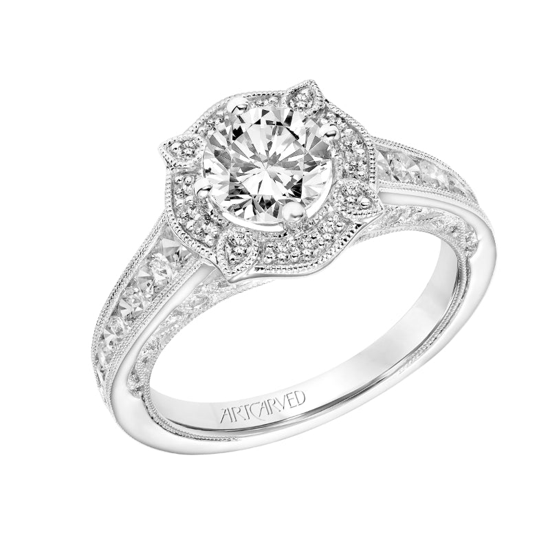 Artcarved Bridal Semi-Mounted with Side Stones Vintage Filigree Halo Engagement Ring Liviana 18K White Gold