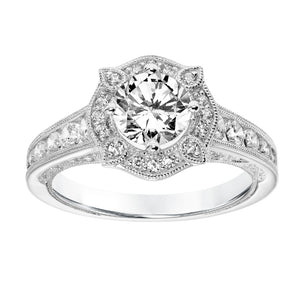 Artcarved Bridal Semi-Mounted with Side Stones Vintage Filigree Halo Engagement Ring Liviana 18K White Gold