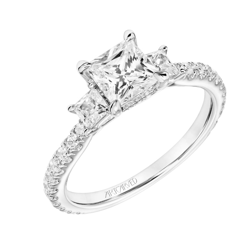 Artcarved Bridal Mounted with CZ Center Classic Diamond 3-Stone Engagement Ring Rea 18K White Gold