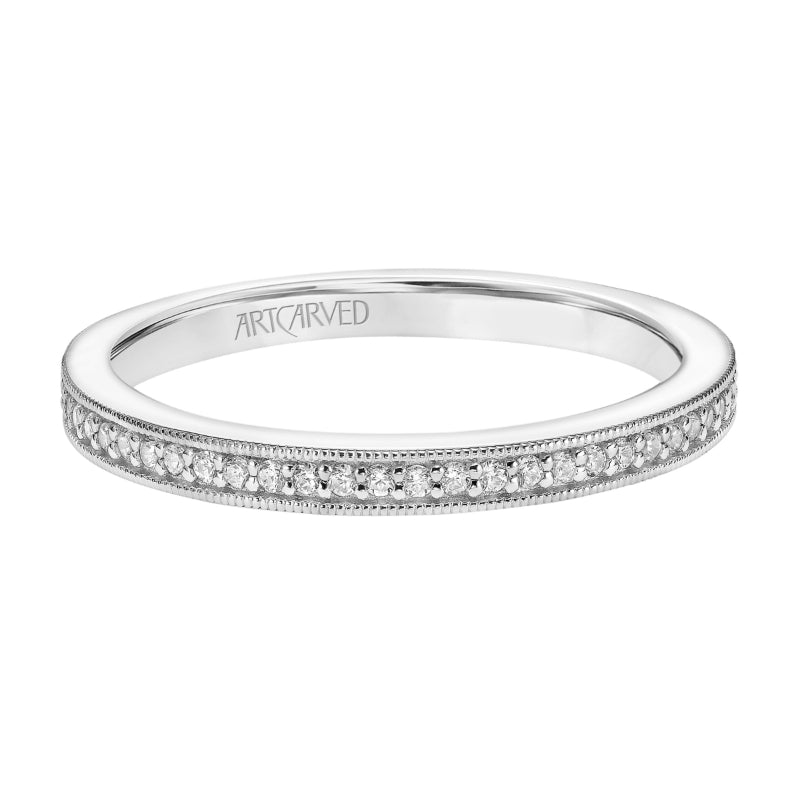 Artcarved Bridal Mounted with Side Stones Vintage Milgrain Halo Diamond Wedding Band Martha 18K White Gold